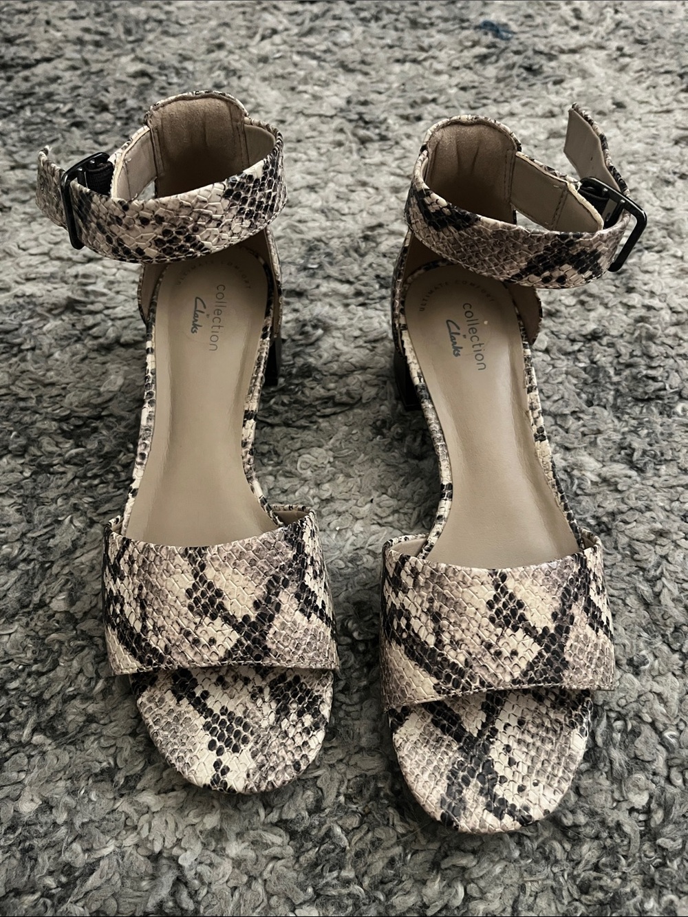 Clarks Snake-Print Ankle-Strap Block Heels - Beige Black